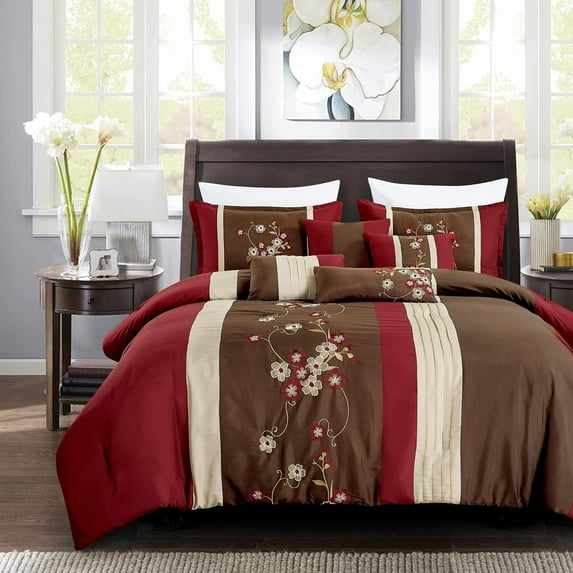 7 Piece Comforter Brown Beige Red Floral Striped Modern Bedding Set Reb / Brown / Beige - King - Cal King