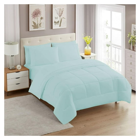 7 Piece Comforter Set Bag Solid Color All Season Soft Down Alternative Blanket & Luxurious Microfiber Bed Sheets, Aqua, Full