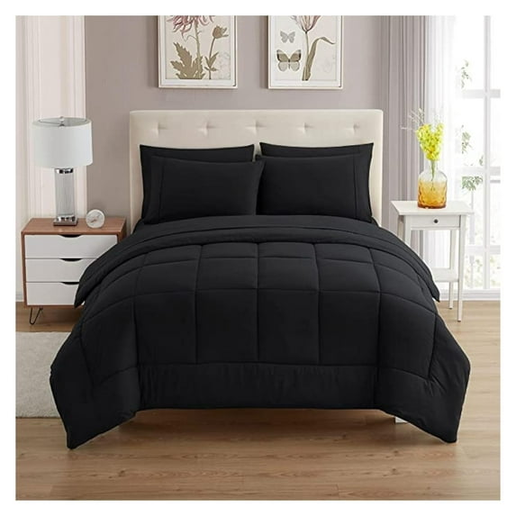 7 Piece Comforter Set Bag Solid Color All Season Soft Down Alternative Blanket & Luxurious Microfiber Bed Sheets, Black, Queen (Pack of 4)