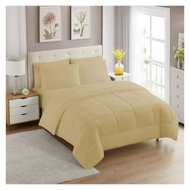 7 Piece Comforter Set Bag Solid Color All Season Soft Down Alternative Blanket & Luxurious Microfiber Bed Sheets, Camel, Queen (Pack of 4)