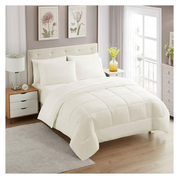 7 Piece Comforter Set Bag Solid Color All Season Soft Down Alternative Blanket & Luxurious Microfiber Bed Sheets, Ivory, Full
