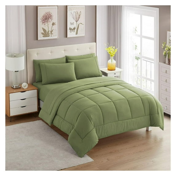 7 Piece Comforter Set Bag Solid Color All Season Soft Down Alternative Blanket & Luxurious Microfiber Bed Sheets, Sage, Full