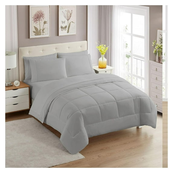 7 Piece Comforter Set Bag Solid Color All Season Soft Down Alternative Blanket & Luxurious Microfiber Bed Sheets, Silver, Full