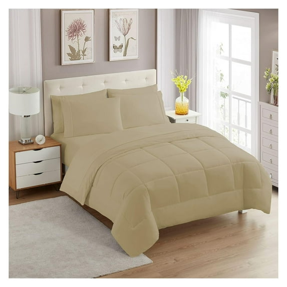 7 Piece Comforter Set Bag Solid Color All Season Soft Down Alternative Blanket & Luxurious Microfiber Bed Sheets, Taupe, Queen