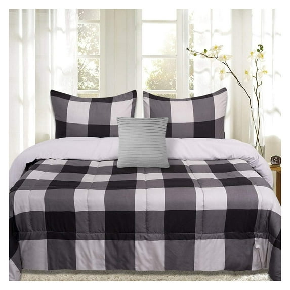 7 Piece Comforter Set Bag Solid Color All Season Soft Down Alternative Blanket & Luxurious Microfiber Bed Sheets, King, Buffalo Plaid Black/Gray/Black Sheet