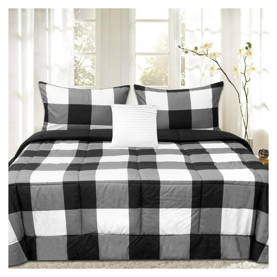 7 Piece Comforter Set Bag Solid Color All Season Soft Down Alternative Blanket & Luxurious Microfiber Bed Sheets, Queen, Buffalo Plaid Black/White/Black Sheet