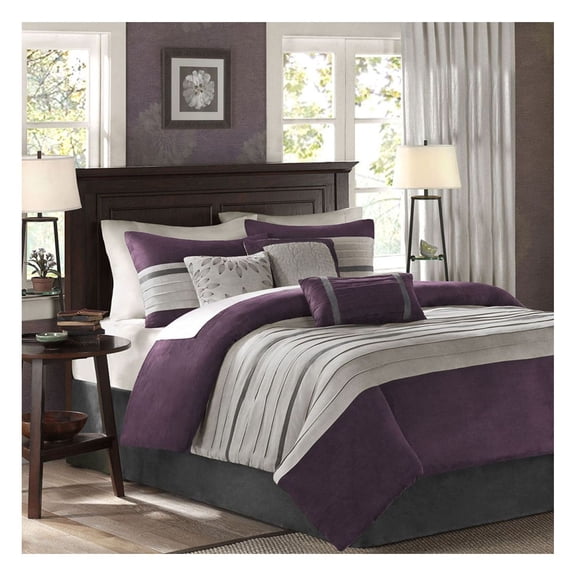 7 Piece Comforter Set - Faux Suede Plum & Grey - Queen Size Bedding - with Shams, Pillows & Bed Skirt
