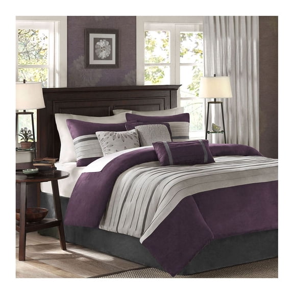 7 Piece Comforter Set - Faux Suede Plum & Grey - Transitional Style with Decorative Pillows - Full Size Bedding
