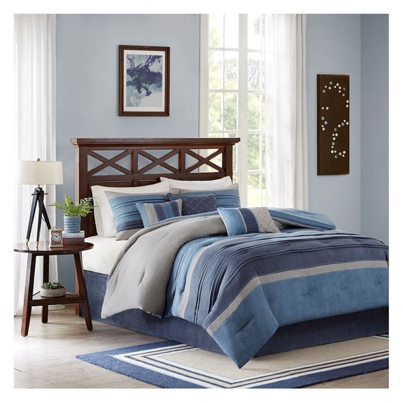 7 Piece Comforter Set - Microsuede Navy Blue Grey Comforter Set with Decorative Pillows - Cal King