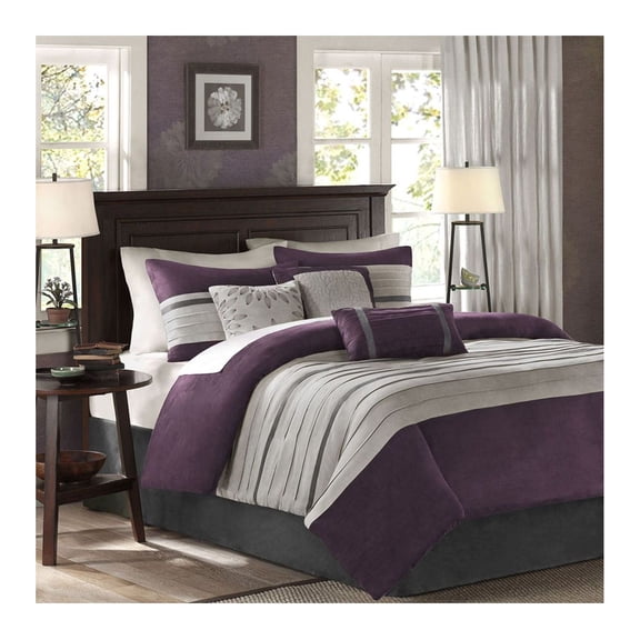7 Piece Comforter Set, Plum & Grey Faux Suede, Transitional Style, Cal King