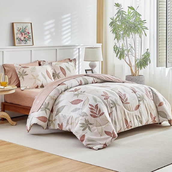7-Piece Comforter Set Queen Beige Leaf Pattern Bed in a Bag Soft Cozy ...