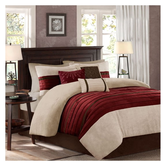 7 Piece Comforter Set, Red Microsuede Bedding, King Size, with Decorative Pillows & Bed Skirt, Soft & Stylish Bedroom Decor