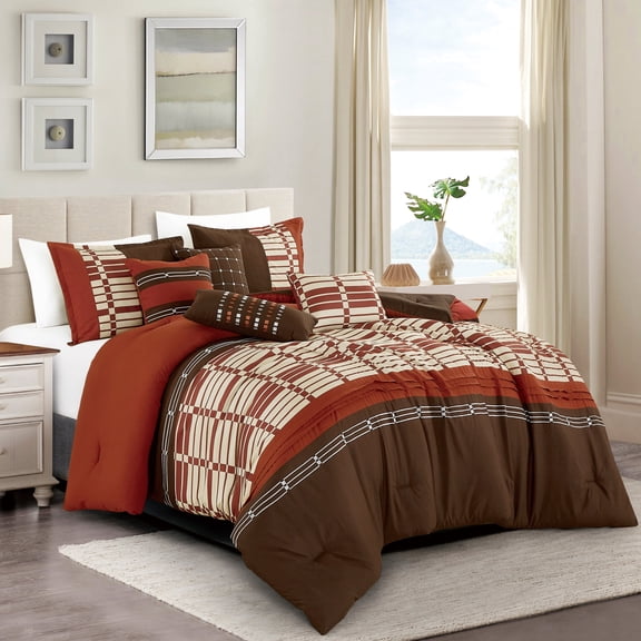7-Piece Comforter Set – Rust Red, Brown & Beige Plaid Stripe Design – Soft Microfiber Lodge Bedding with Decorative Pillows & Shams - OEKO-TEX Certified (Rudella, King)