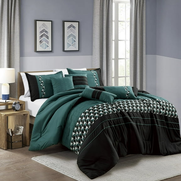 7-Piece Comforter Set – Teal Green & Black with Geometric Diamond Embroidery – Soft Microfiber Bedding with Decorative Pillows & Shams - OEKO-TEX Certified (Matisoon, Queen)