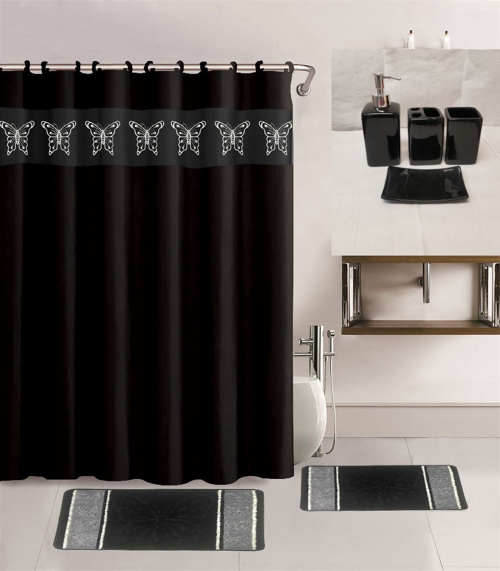 7 Piece Complete Bathroom Set Butterfly Black Print Design With Non ...