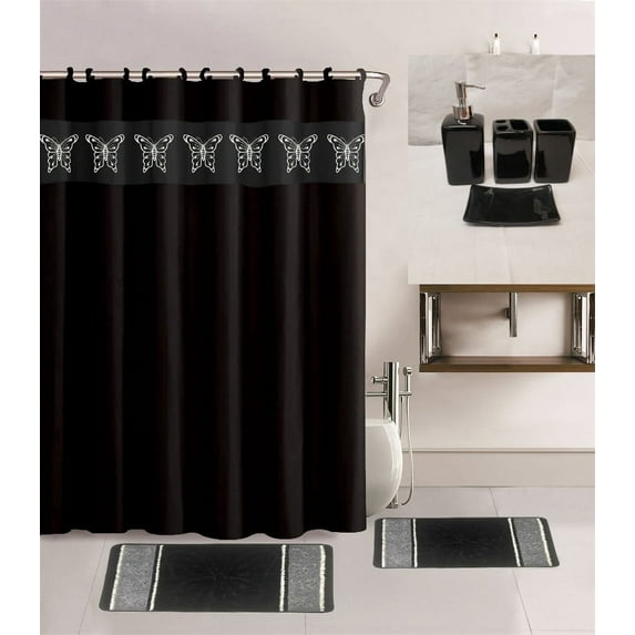 7 Piece Complete Bathroom Set Butterfly Black Print Design With Non-Slip Rugs, Bath Mat, Shower Curtain with FREE 12 Hooks 72x72 inch, 4 Pieces Matching Ceramic Accesories for Bathroom
