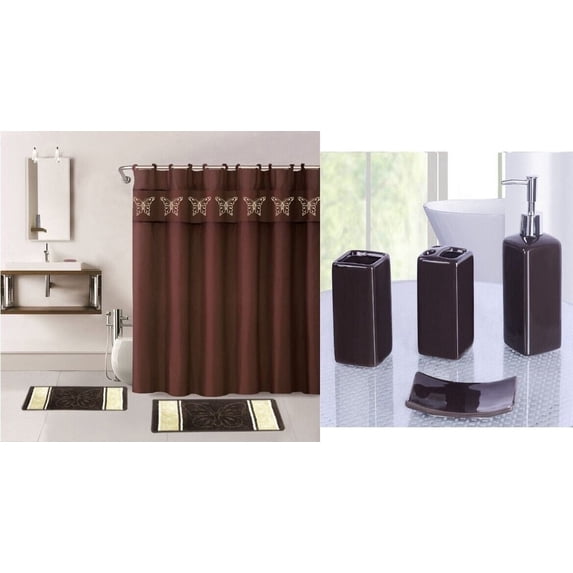 7 Piece Complete Bathroom Set Butterfly Brown Print Design With Non-Slip Rugs, Bath Mat, Shower Curtain with FREE 12 Hooks 72x72 inch, 4 Pieces Matching Ceramic Accesories for Bathroom