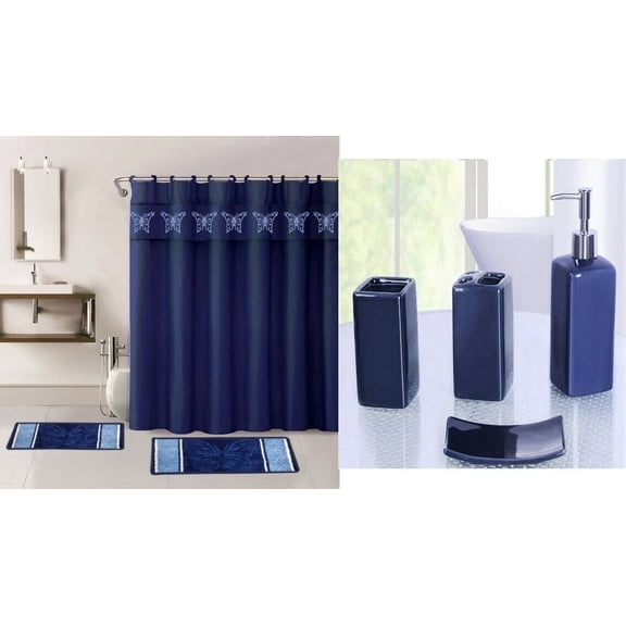 7 Piece Complete Bathroom Set Butterfly Navy Print Design With Non-Slip Rugs, Bath Mat, Shower Curtain with FREE 12 Hooks 72x72 inch, 4 Pieces Matching Ceramic Accesories for Bathroom