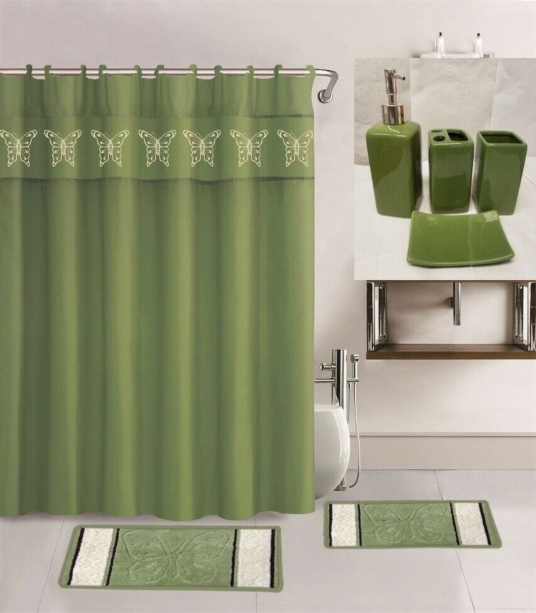 7 Piece Complete Bathroom Set Butterfly Sage Print Design With Non-Slip Rugs, Bath Mat, Shower Curtain with 12 Hooks 72x72 inch, 4 Pieces Matching Ceramic Accesories for Bathroom