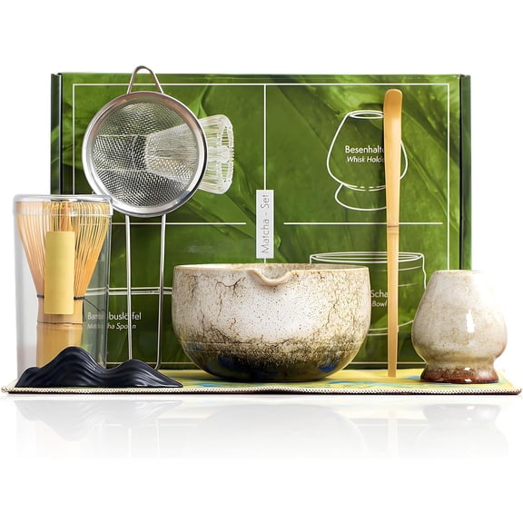 7-Piece Complete Matcha Set with Ceramic Bowl & 100 Prong Whisk – Includes Whisk Holder, Scoop, Rest, Sifter & Tea Towel, CHADO Whisking Guide, Handcrafted Eco-Friendly Design（White）
