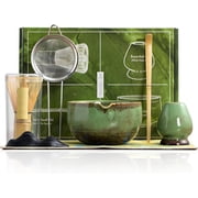 7-Piece Complete Matcha Set with Ceramic Bowl & 100 Prong Whisk   Includes Whisk Holder, Scoop, Rest, Sifter & Tea Towel, CHADO Whisking Guide, Handcrafted Eco-Friendly Design Green