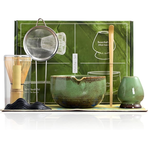 7-Piece Complete Matcha Set with Ceramic Bowl & 100 Prong Whisk – Includes Whisk Holder, Scoop, Rest, Sifter & Tea Towel, CHADO Whisking Guide, Handcrafted Eco-Friendly Design（Green）
