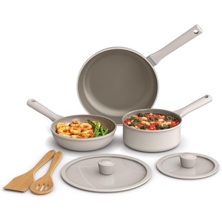 7 Piece Cookware Set with EverGood Ceramic Nonstick Coating, Dishwasher Safe Oven Safe, All Stovetops Compatible, Glass Lids with Silicone Rims, Cool Touch Handles, Oatmilk
