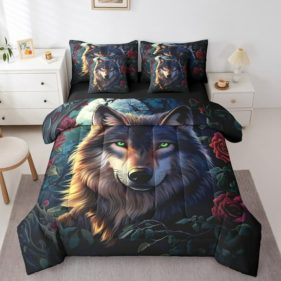 7 Piece Cool Wolf Bed in a Bag 3D Animal Wolf Bedding Sets King Size Red Rose Floral Comforter Set with Sheets Boho Exotic Gothic Style Bed Set Cool Wolf Print Sheets