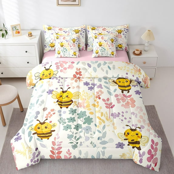 7 Piece Cute Bee Twin Comforter Set,Colorful Floral Honey Bee Bedding Set,Rustic Country Farmhouse Flower Bed Set Cartoon Animal Bed in a Bag with Fitted+Flat Sheet+Pillowcases