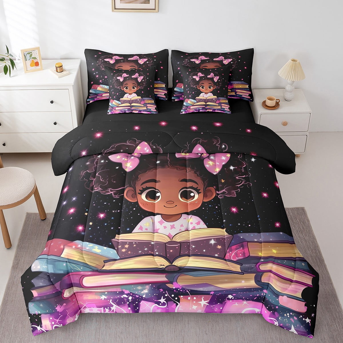 7 Piece Cute Black Girls Bed in a Bag Full,Black Girls Magic Bedding Sets African American Girls ...