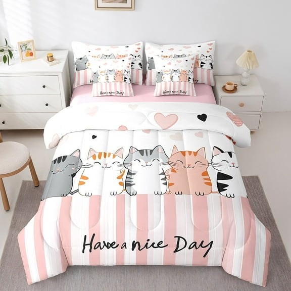 7 Piece Cute Cat Bed in a Bag Twin Size Cartoon Cat Bedding Sets, Kawaii Pet Cats Print Comforter Set with Sheets for Cat Lovers Cat Lovers Pink Gradient Geometry Stripes Sheets
