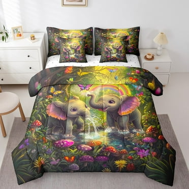 7 Piece Cute Elephant Bed in a Bag Queen Size Kawaii Dreamy Style Bedding Sets Cartoon Animal Elephant Comforter Set with Sheets Lovely Butterfly Bed Set Rustic Farmstyle Sheets