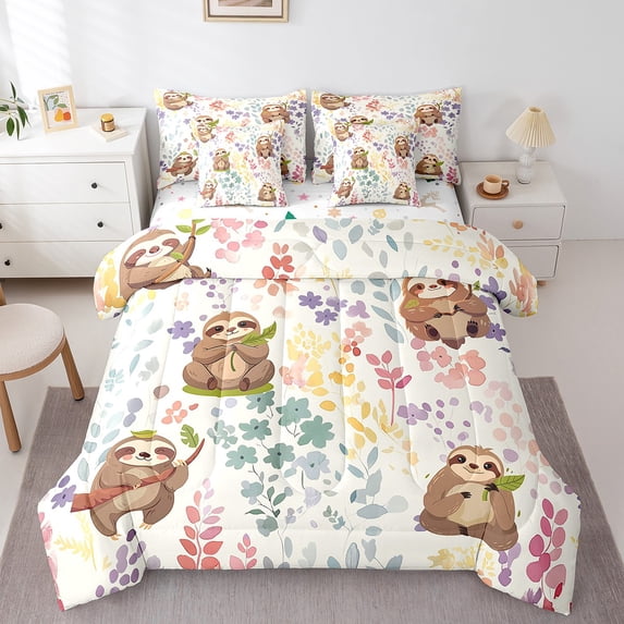 7 Piece Cute Sloth Twin Bedding Set,Colorful Floral Sloth Comforter Set,Watercolor Flower Bed Set Cartoon Animal Bed in a Bag with Fitted+Flat Sheet+Pillowcases