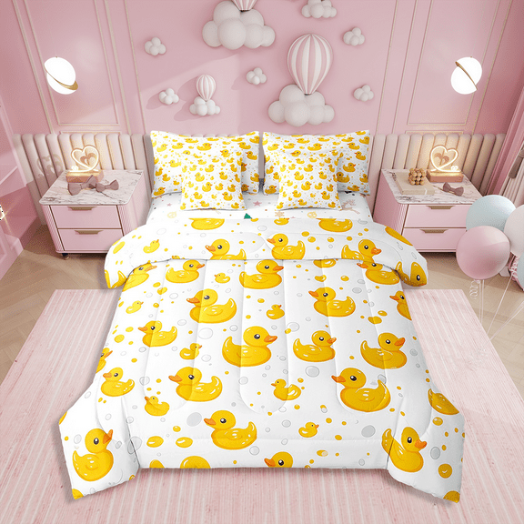 7 Piece Cute Yellow Duck Full Comforter Set with Sheets,Funny Rubber Duck Bedding Set,Cartoon Animal Print Bed in a Bag with Fitted Sheet,Flat Sheet,Pillowcases