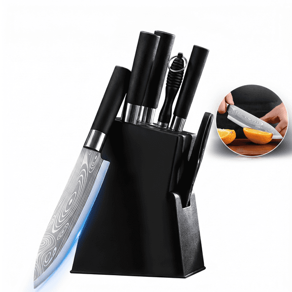 MDHAND 7 Piece Kitchen Knife Set with Block, Damascus Pattern Stainless Steel Chef Knife Set with Sharpener and Kitchen Shears