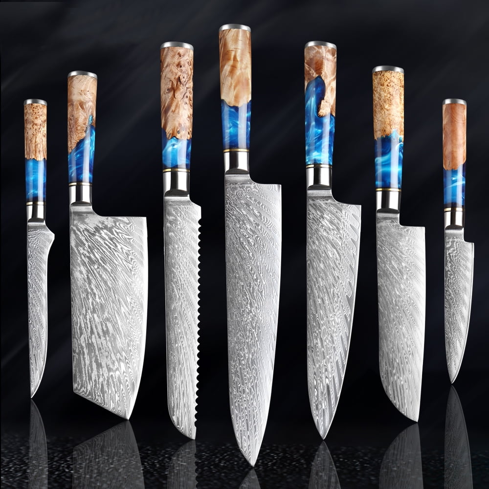 Tsunami Blue Resin & Natural Wood 7-Piece Damascus Steel Kitchen Knife Set