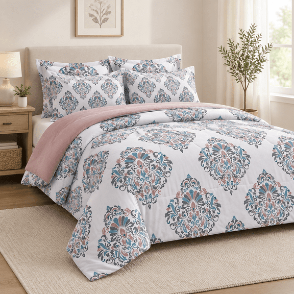 7 Piece Damask Boho Flower Queen Bed-in-a-Bag Set, Brushed Microfiber Bedding