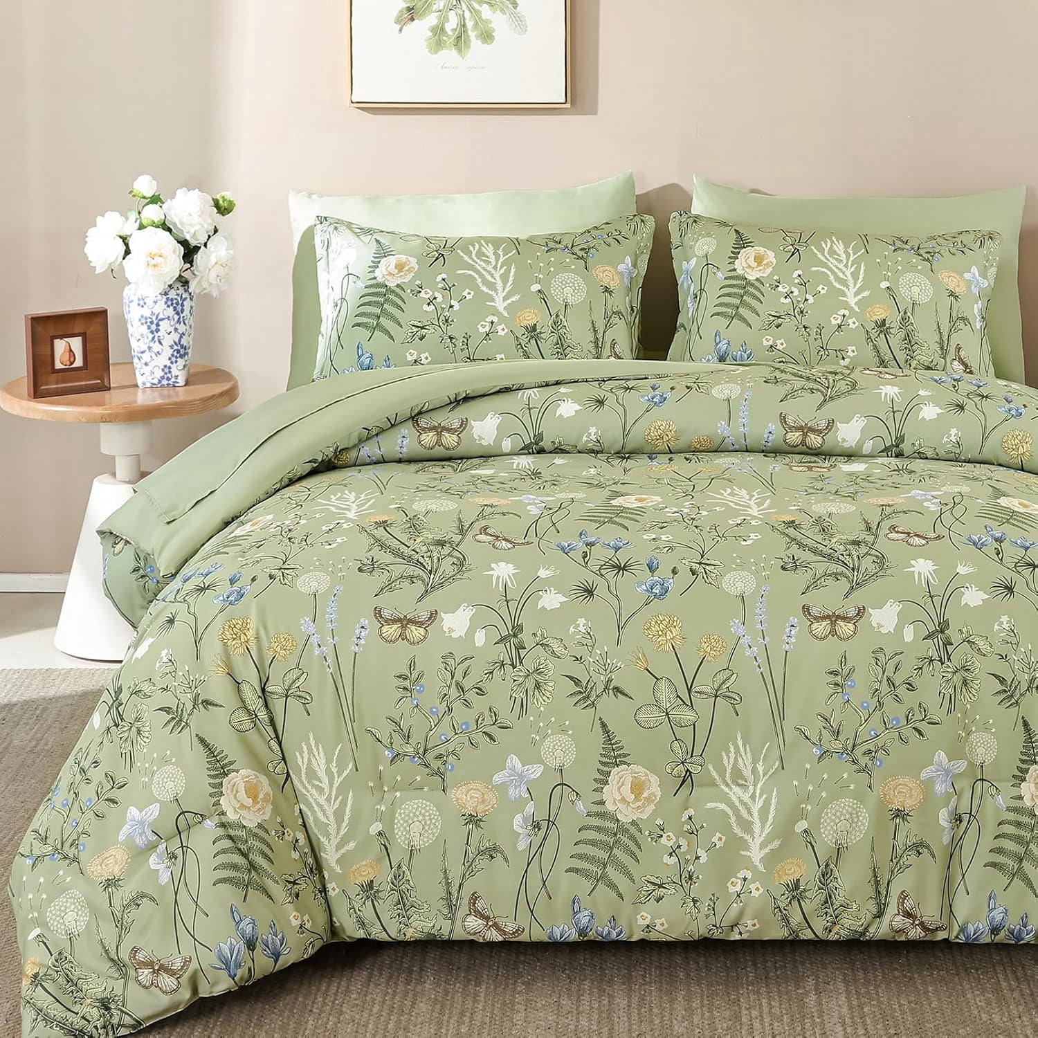 7-Piece Dark Green Floral Bedding Set, Botanical Pattern Soft ...