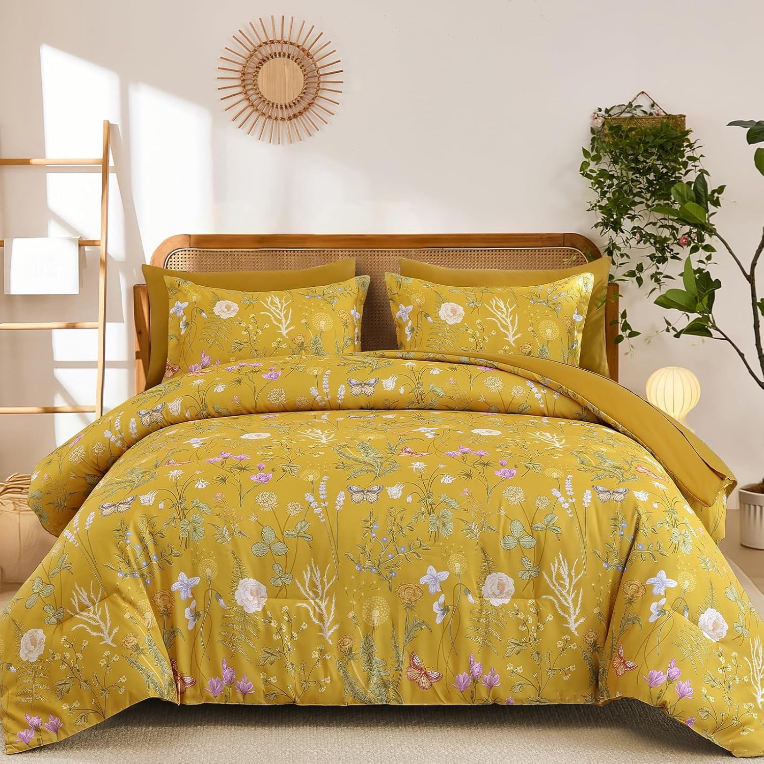 7-Piece Dark Green Floral Bedding Set, Botanical Pattern Soft ...