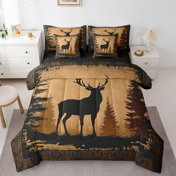 7 Piece Deer Hunting Bed in a Bag Twin Wildlife Hunting Theme Bedding Sets Western Woodland Animal Comforter Set with Sheets Rustic Farmstyle Bed Set Antler Print Sheets