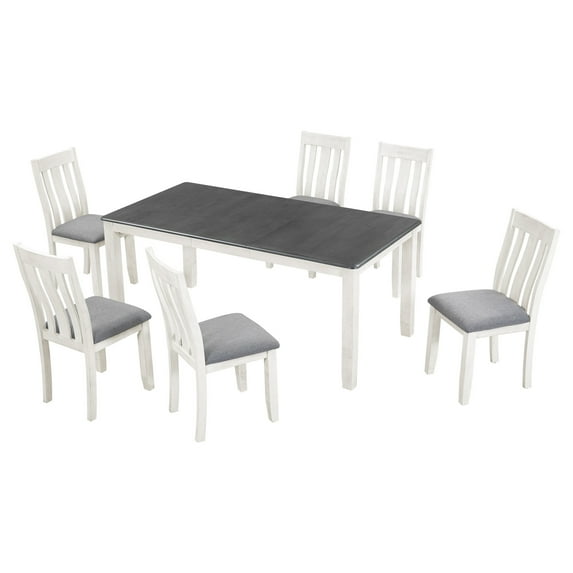 7-Piece Dining Dining Table Set With 6 Upholstered Chairs Extendable Table For 6-8 Persons Dining Room Set For Kitchen Living Room