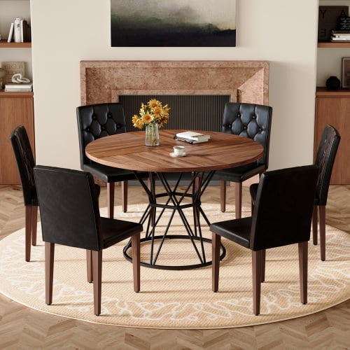 7 Piece Dining Set for 6, Modern Industrial Round Table with Walnut Top and PU Chairs with Decorative Buckle Backrest for Small Space Kitchen, Walnut+Black