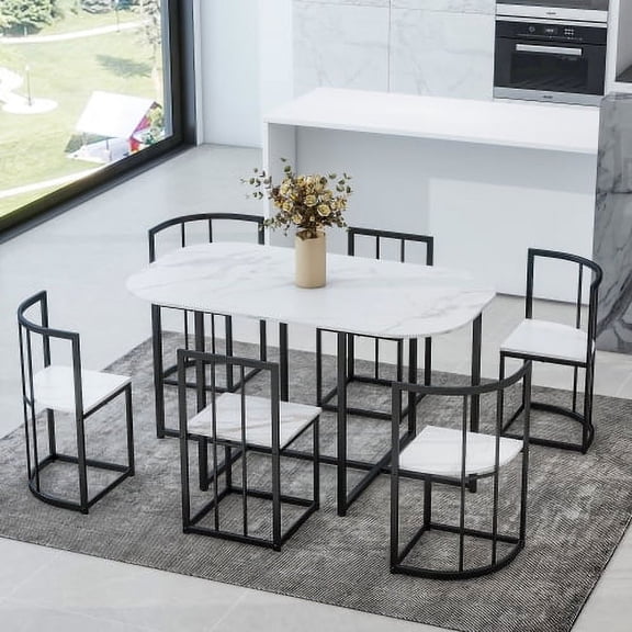 7 Piece Dining Set, Modern Kitchen Table Set for 6, Compact 55 Inch Faux Marble Dining Table & 6 Chairs with Iron Frame, Space Saving Dining Room Furniture, White+Black