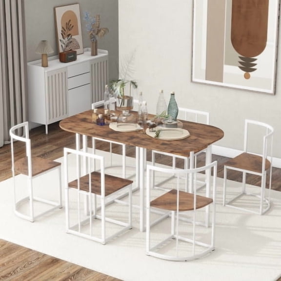 7 Piece Dining Set, Modern Kitchen Table Set for 6, Compact 55 Inch Faux Marble Dining Table & 6 Chairs with Iron Frame, Space Saving Dining Room Furniture, White