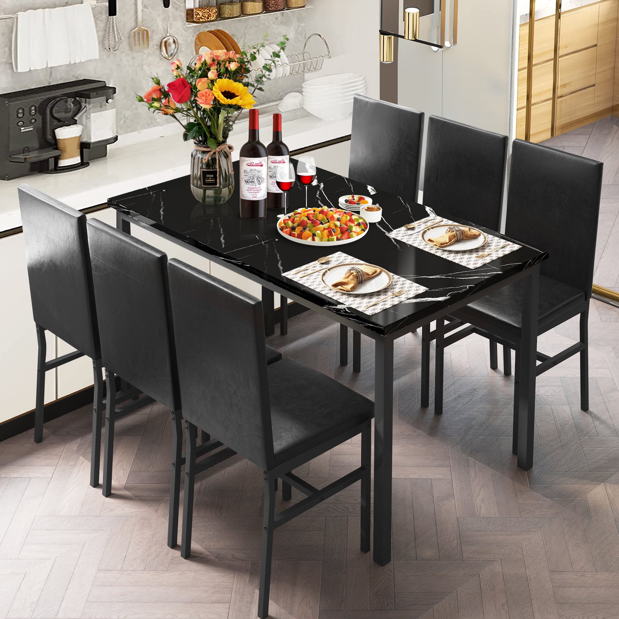 7 Piece Dining Set Modern Dining Table and Chairs Set for 6 Kitchen Dining Table Set with Faux Marble Tabletop and 6 PU Leather Upholstered Chairs for Small Space Breakfast Nook Walmart Business Suppl...