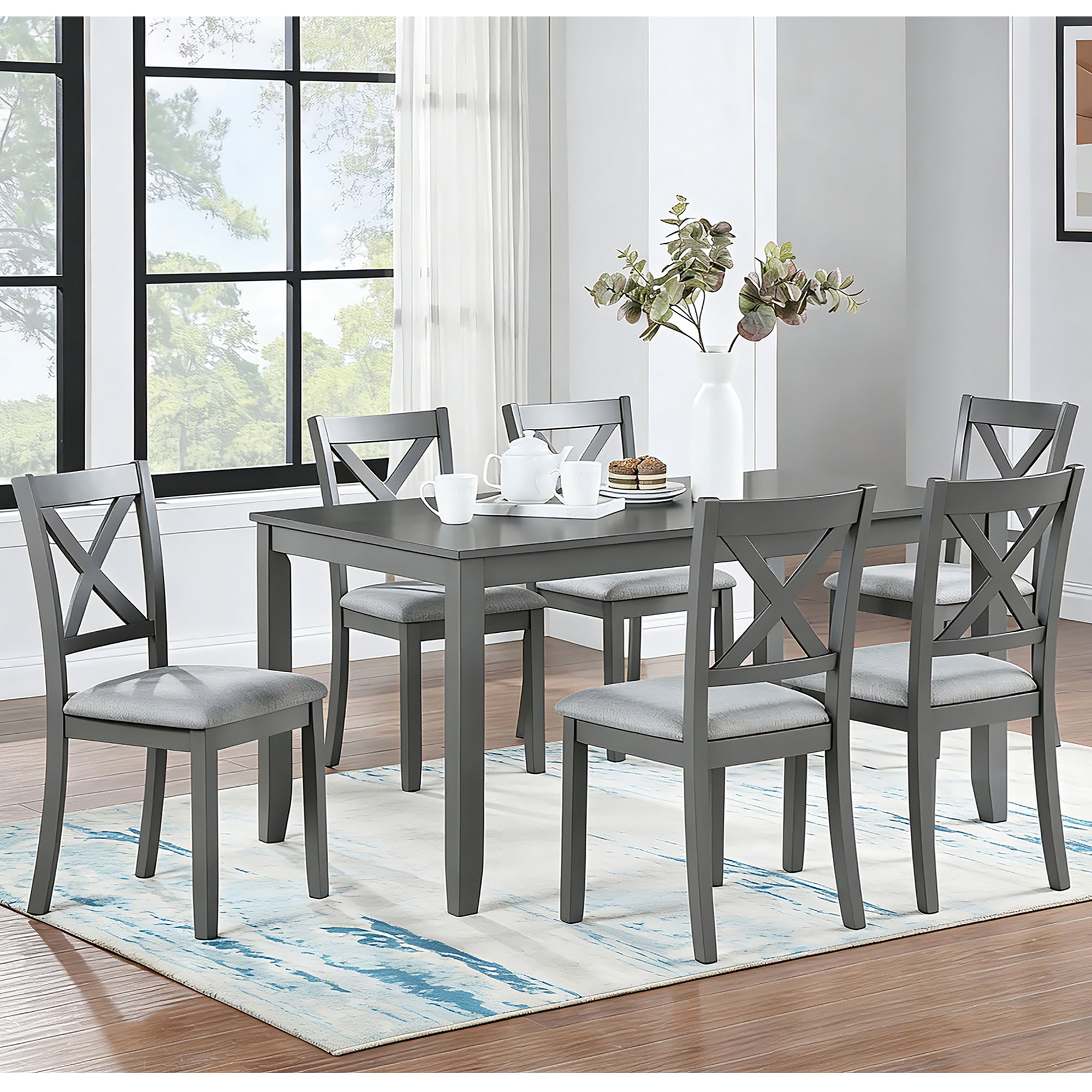 7 Piece Dining Set for 6, 58.5" Rectangular Dining Table with 6 Upholstered Chairs