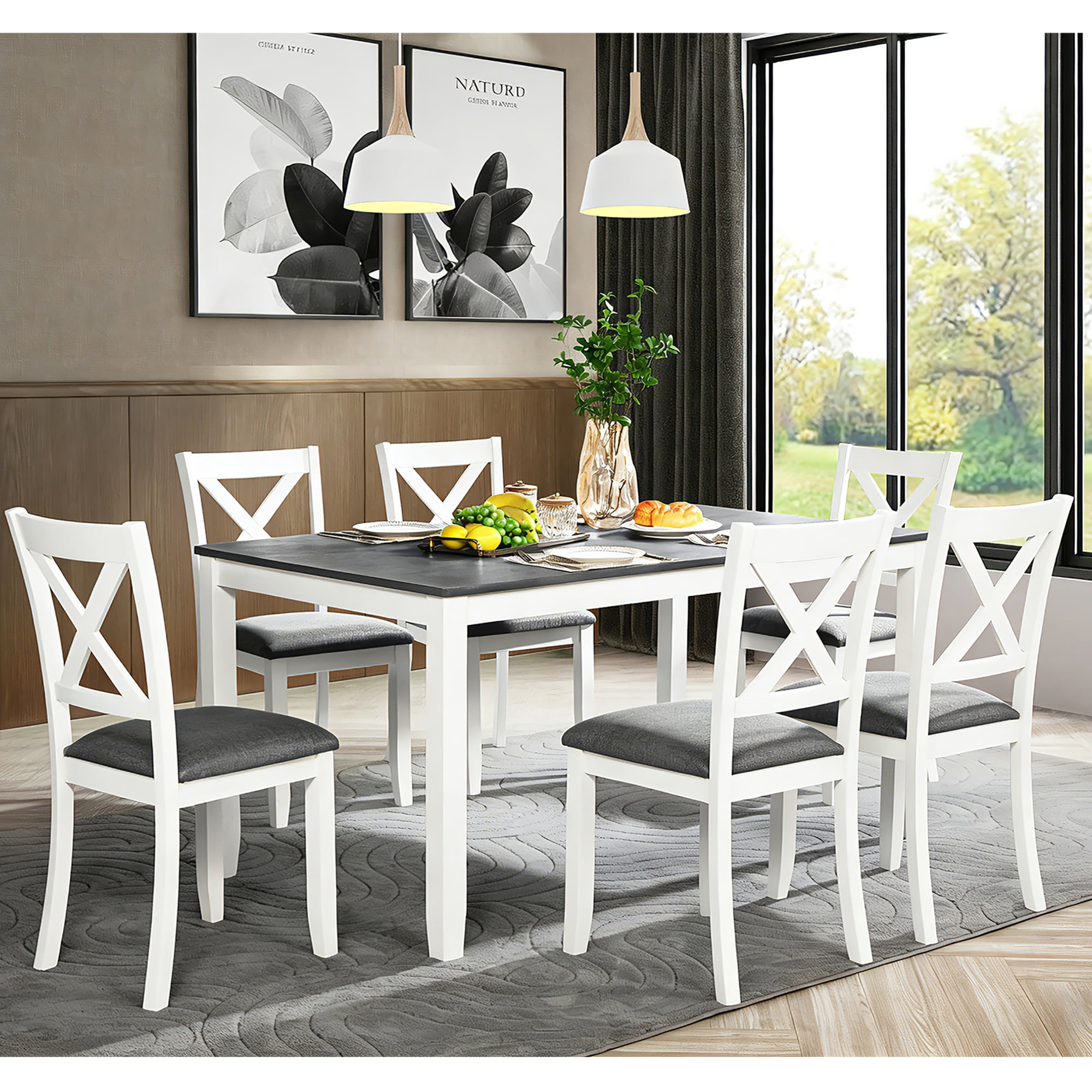 7 Piece Dining Set for 6, 58.5" Rectangular Dining Table with 6 Upholstered Chairs