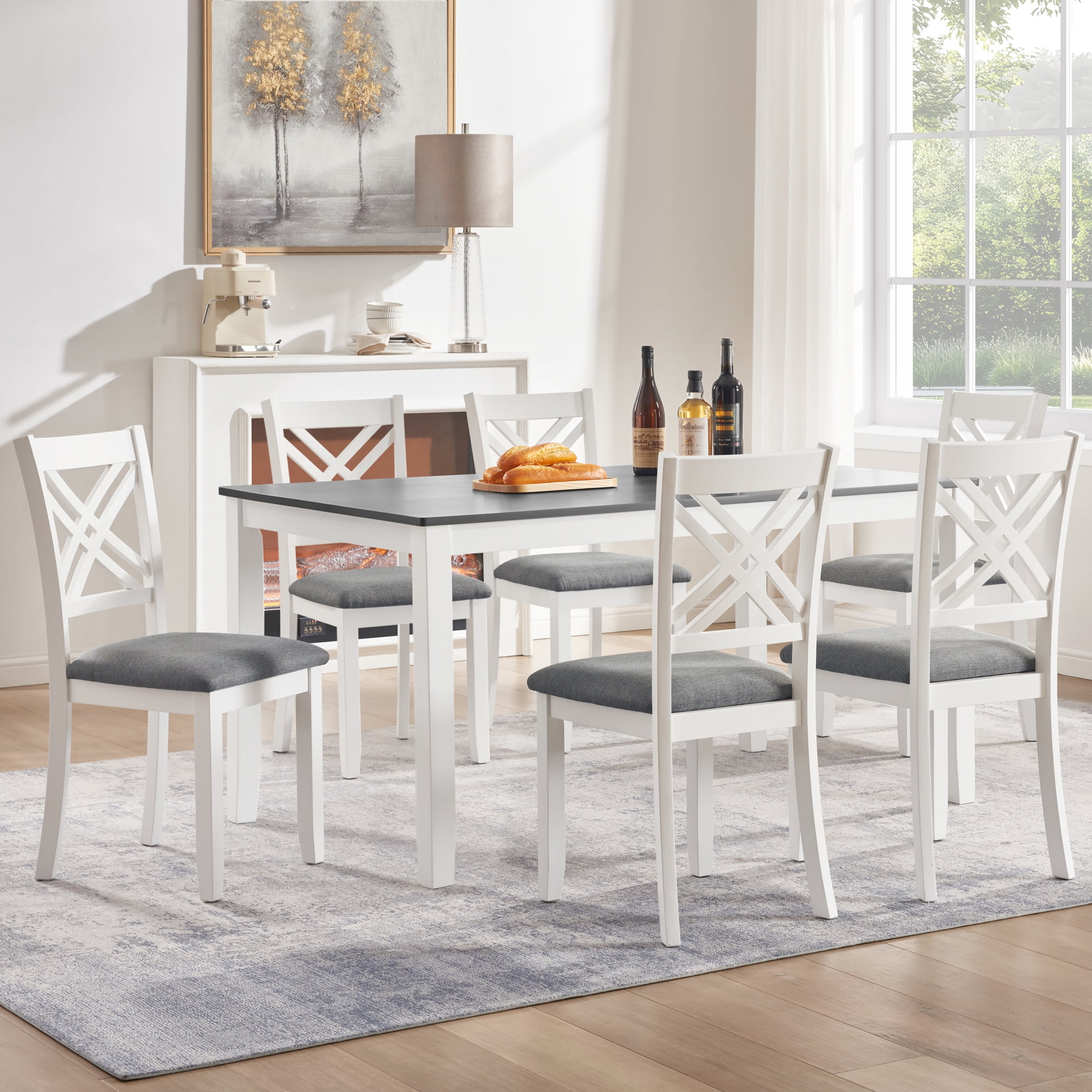 7 Piece Dining Set for 6, 58.5" Rectangular Dining Table with 6 Upholstered Chairs