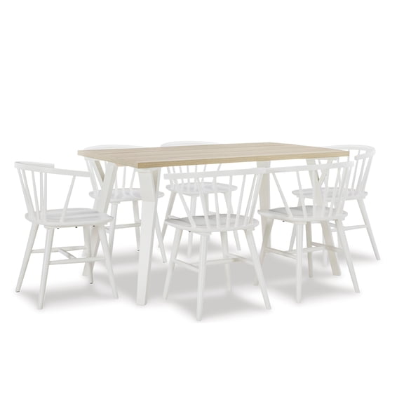 7 Piece Dining Set for 6, White and Natural Wood Rectangular Table with Windsor Chairs, Space Saving Dining Furniture for Kitchen