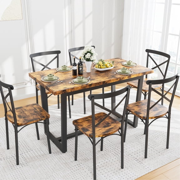 7-Piece Dining Set with Curved X-Shape Chair Backs / Provides Classy and Comfortable Seating